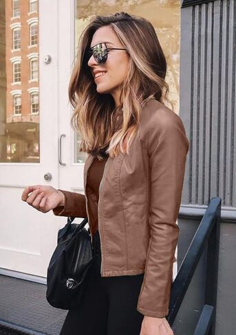 BOFETA Womens Faux Leather Long Sleeve Jackets Quilted Moto Outwear Slim Lapel Coats in Saudi Arabia