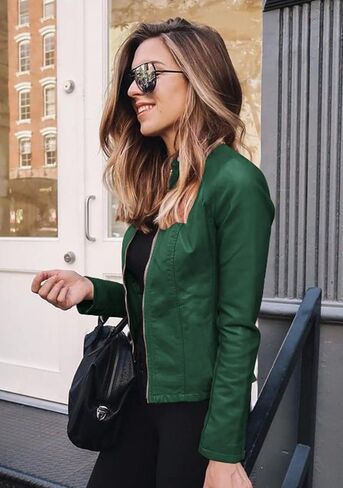 BOFETA Womens Faux Leather Long Sleeve Jackets Quilted Moto Outwear Slim Lapel Coats in Saudi Arabia