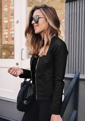 BOFETA Womens Faux Leather Long Sleeve Jackets Quilted Moto Outwear Slim Lapel Coats in Saudi Arabia