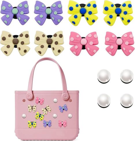 12 PCS Bow Charms Set for Bogg Bag – 5 Colorful Fabric Bows & 7 Resin Pearls, Cute Decorative Insert Accessories for Girls Rubber Beach Bags (Fits Various Sizes & Brands) in Kuwait