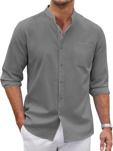 COOFANDY Men's Long Sleeve Linen Shirt Band Collar Button Down Shirts Oxford Dress Shirt in Kuwait