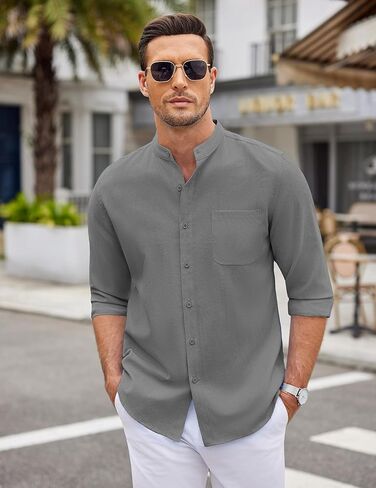 COOFANDY Men's Long Sleeve Linen Shirt Band Collar Button Down Shirts Oxford Dress Shirt in Kuwait