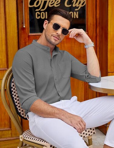 COOFANDY Men's Long Sleeve Linen Shirt Band Collar Button Down Shirts Oxford Dress Shirt in Kuwait