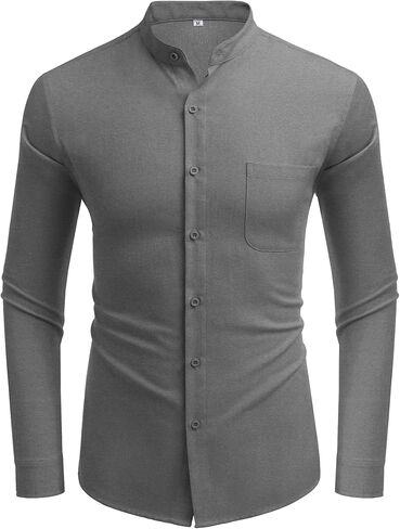 COOFANDY Men's Long Sleeve Linen Shirt Band Collar Button Down Shirts Oxford Dress Shirt in Kuwait