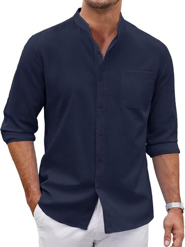 COOFANDY Men's Long Sleeve Linen Shirt Band Collar Button Down Shirts Oxford Dress Shirt in Saudi Arabia