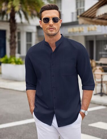 COOFANDY Men's Long Sleeve Linen Shirt Band Collar Button Down Shirts Oxford Dress Shirt in Saudi Arabia