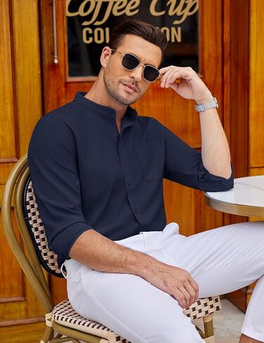 COOFANDY Men's Long Sleeve Linen Shirt Band Collar Button Down Shirts Oxford Dress Shirt in Saudi Arabia