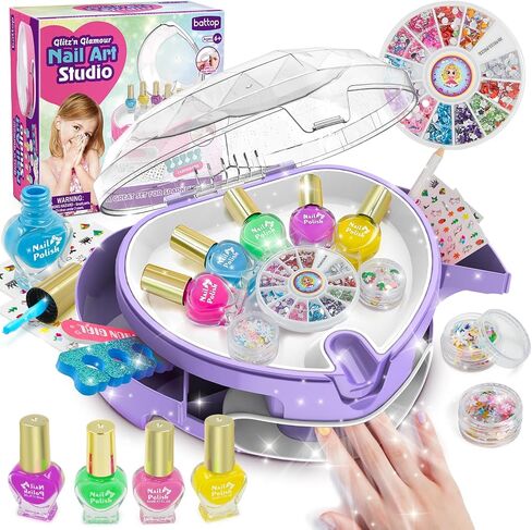 BATTOP Kids Nail Polish Set for Girls, Nail Art Kit for Kids with All-in-One Organizer Nail Dryer, Polish, Stickers, Gems, Filer - Ideas Gift for Girls 6 7 8 9 10 11 12 - Dress-Up Toy in Kuwait