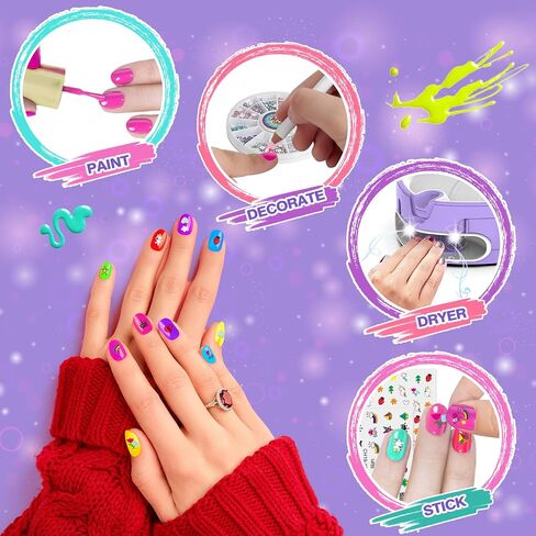 BATTOP Kids Nail Polish Set for Girls, Nail Art Kit for Kids with All-in-One Organizer Nail Dryer, Polish, Stickers, Gems, Filer - Ideas Gift for Girls 6 7 8 9 10 11 12 - Dress-Up Toy in Kuwait