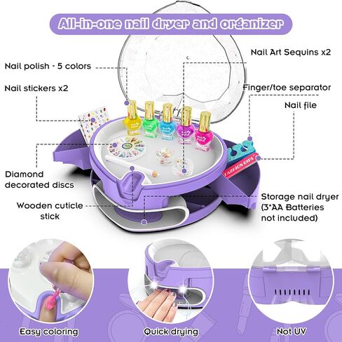BATTOP Kids Nail Polish Set for Girls, Nail Art Kit for Kids with All-in-One Organizer Nail Dryer, Polish, Stickers, Gems, Filer - Ideas Gift for Girls 6 7 8 9 10 11 12 - Dress-Up Toy in Kuwait