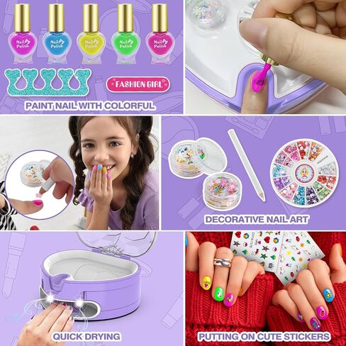 BATTOP Kids Nail Polish Set for Girls, Nail Art Kit for Kids with All-in-One Organizer Nail Dryer, Polish, Stickers, Gems, Filer - Ideas Gift for Girls 6 7 8 9 10 11 12 - Dress-Up Toy in Kuwait