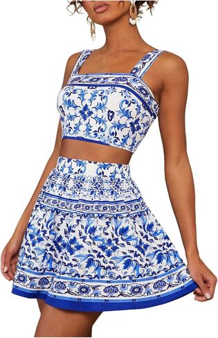 Floerns Women's 2 قطعة الزي الأزهار محصول كامي كامي مع مجموعة تنورة صغيرة in Saudi Arabia