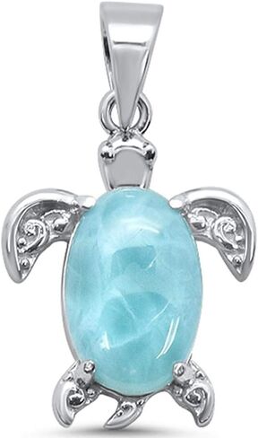 Oval Natural Larimar Swirl Turtle Charm Pendant Sterling Silver in Saudi Arabia