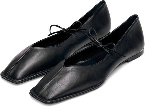 Lace up Ballet Flats Women Square Toe Mary Jane Flats Bow Slip On Leather Comfortable Ballerina Shoes in Kuwait