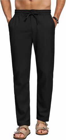 RQP Mens Linen Pants Drawstring Casual Pants Lighting Beach Pants Baggy Dress Trousers in Kuwait