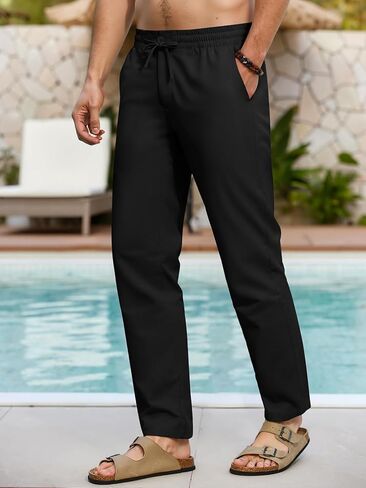 RQP Mens Linen Pants Drawstring Casual Pants Lighting Beach Pants Baggy Dress Trousers in Kuwait