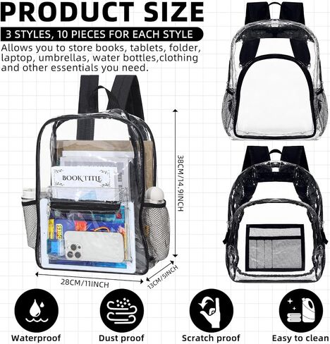 Amylove 30 Pack Clear Backpack Backpack Ballk Barge Huck Dusty PVC شفاف شفاف مع الأشرطة القابلة للتعديل لعمل الكلية 3 نمط in Saudi Arabia