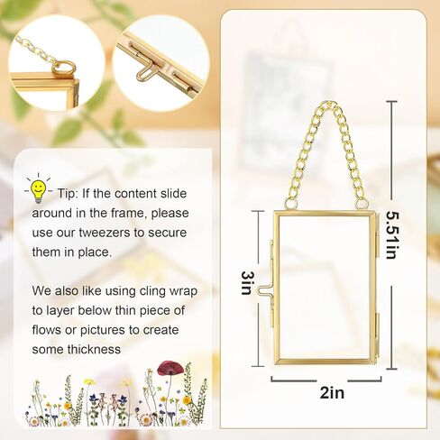 FOCHIER F 3 Pcs Pressed Flower Frames with Tweezers, Wall Hanging Double Glass Frames with Metal Chain for Pressed Dried Flowers Plants, Golden in Kuwait