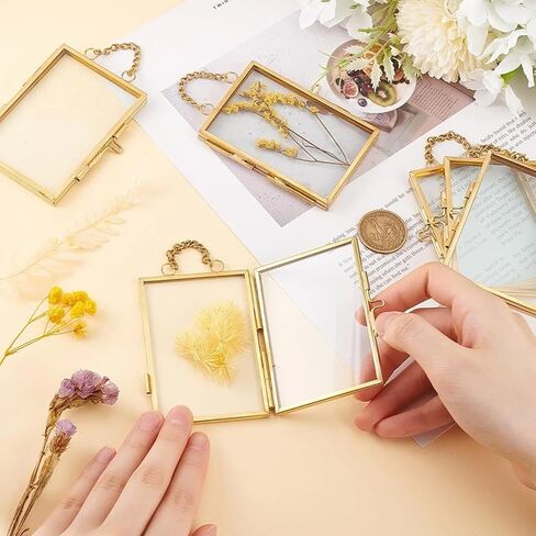FOCHIER F 3 Pcs Pressed Flower Frames with Tweezers, Wall Hanging Double Glass Frames with Metal Chain for Pressed Dried Flowers Plants, Golden in Kuwait