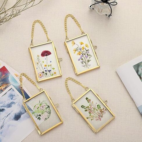 FOCHIER F 3 Pcs Pressed Flower Frames with Tweezers, Wall Hanging Double Glass Frames with Metal Chain for Pressed Dried Flowers Plants, Golden in Kuwait
