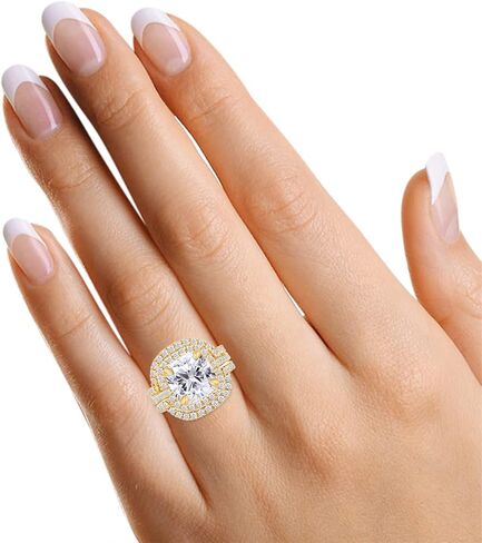 Savearth Diamonds Cushion & Round Cut Lab التي تم إنشاؤها من الماس Moissanite خاتم الخطوبة وفرقة زفاف مزدوجة هالو هالة ، نطاقات زفاف في الذهب الصلب 10K/14K (3.50 CTTW ، G-H/VVS1) هدية المجوهرات in Saudi Arabia