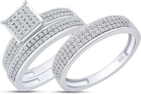 Savearth Diamonds 0.58 قيراط (CTW) Round White Lab الذي تم إنشاؤه Moissanite Diamond Men's & Women's Micro Pave Ring Trio Trio Trio في 925 Sterling Silver in Saudi Arabia