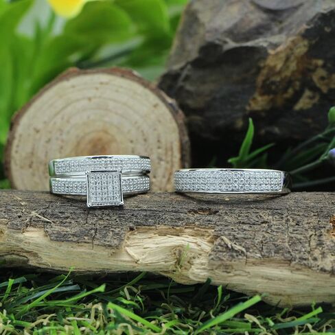 Savearth Diamonds 0.58 قيراط (CTW) Round White Lab الذي تم إنشاؤه Moissanite Diamond Men's & Women's Micro Pave Ring Trio Trio Trio في 925 Sterling Silver in Saudi Arabia