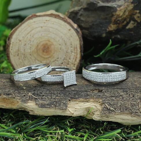 Savearth Diamonds 0.58 قيراط (CTW) Round White Lab الذي تم إنشاؤه Moissanite Diamond Men's & Women's Micro Pave Ring Trio Trio Trio في 925 Sterling Silver in Saudi Arabia