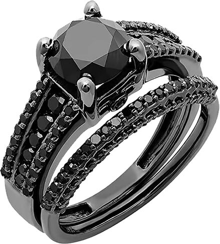 Dazzlingrock Collection Round Black Diamond Engagement Ring Band Set for Women (3.2 ctw, Color Black, Clarity Opaque) in Black Plated Sterling Silver in Saudi Arabia
