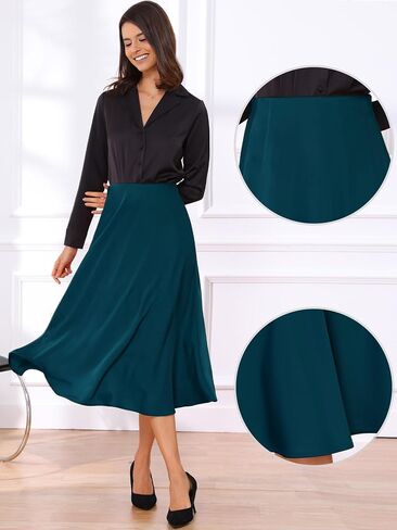 تنورة Allegra K Satin Midi للسيدات عالي الخصر A-LINE LINE مرنة تلاشى التنانير غير الرسمية الأنيقة in Saudi Arabia