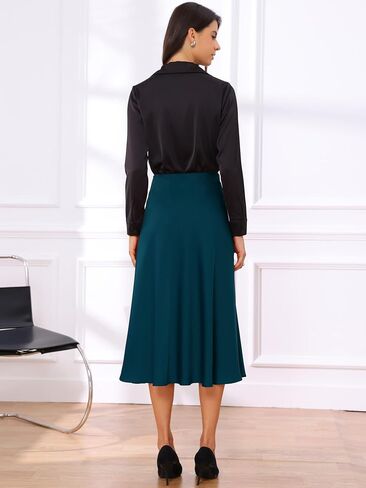 تنورة Allegra K Satin Midi للسيدات عالي الخصر A-LINE LINE مرنة تلاشى التنانير غير الرسمية الأنيقة in Saudi Arabia