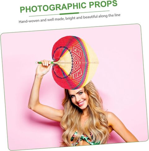 Happyyami Peach-shaped Handwoven Fan Natural Decorative Hand Fan for Summer Cooling Parties and Beach Outings Red White Handmade Craftsmanship for Practical Use in Saudi Arabia