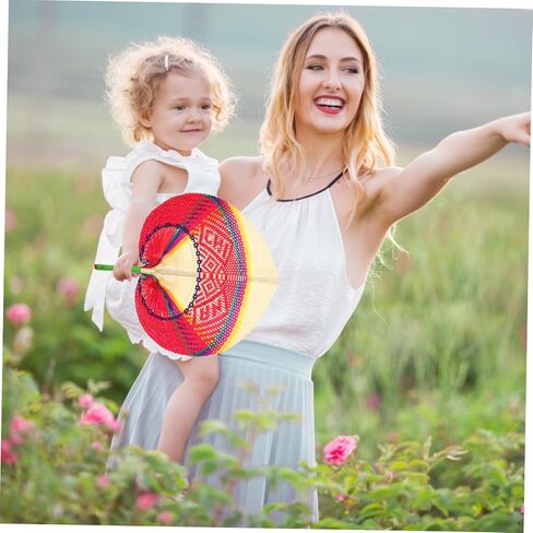 Happyyami Peach-shaped Handwoven Fan Natural Decorative Hand Fan for Summer Cooling Parties and Beach Outings Red White Handmade Craftsmanship for Practical Use in Saudi Arabia