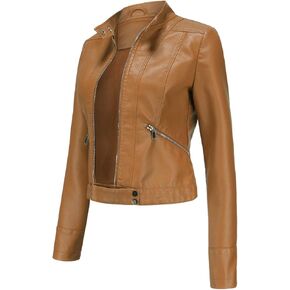 Women's Motorcycle Leather Jacket Short PU Leather Jacket Stylish Streetwear with Practical Pockets (Color : Brown, Size : Large) in Saudi Arabia