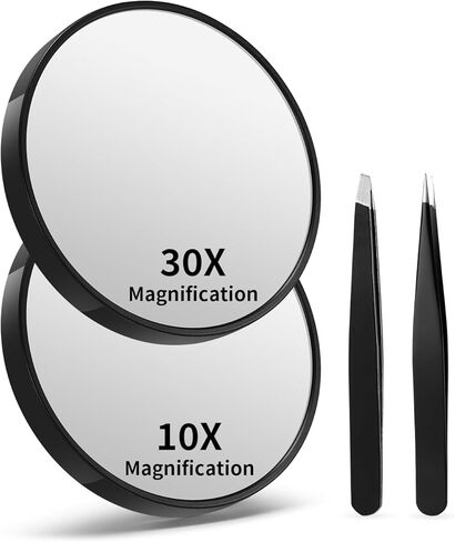 10X&40X Magnifying Mirrors with Suction Cups and 2 Tweezers Set，3.5 inches Magnified Makeup Mirror, Black, 2PCS in Saudi Arabia