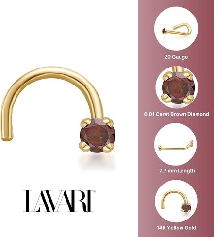 Lavari Jewelers 20 Gauge Brown Diamond Curved Nose Ring for Men or Women - 14k Yellow Gold Nose Stud - 0.01 0.02 0.05 Carat Diamond - 20G Unisex Hypoallergenic Body Piercing Jewelry in Kuwait