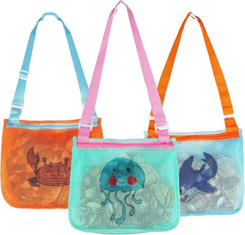 3Pack Beach Shell Bags for Kids,Beach Mesh Bag,Shell Collecting Bags,Colorful Seashell Bags with Whistles Adjustable Strap in Saudi Arabia
