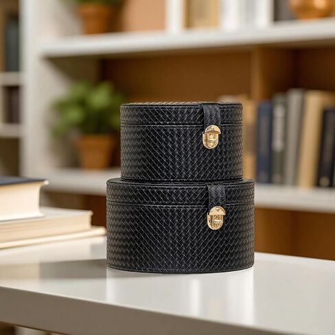 مجموعة صناديق تزيين جلدية كبيرة مكونة من 2 صندوق قبعة مستديرة سلة بن مع غطاء لرف طاولة القهوة تخزين أجهزة التحكم عن بعد ديكور المنزل الحديث in Kuwait