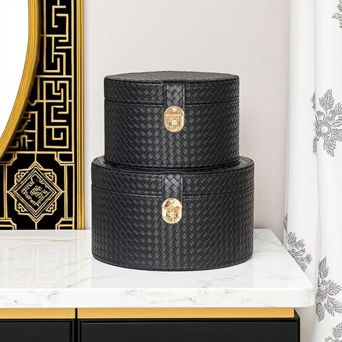مجموعة صناديق تزيين جلدية كبيرة مكونة من 2 صندوق قبعة مستديرة سلة بن مع غطاء لرف طاولة القهوة تخزين أجهزة التحكم عن بعد ديكور المنزل الحديث in Kuwait