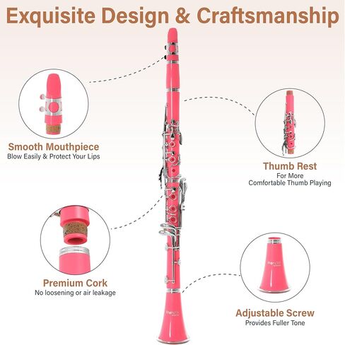 Mendini MCT-E+SD+PB Black Ebonite ABS B Flat Clarinet with Case, Stand, Pocketbook, Mouthpiece, 10 Reeds and More in Kuwait