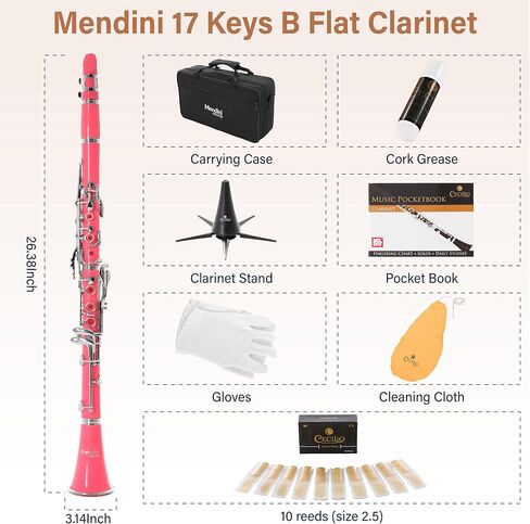 Mendini MCT-E+SD+PB Black Ebonite ABS B Flat Clarinet with Case, Stand, Pocketbook, Mouthpiece, 10 Reeds and More in Kuwait