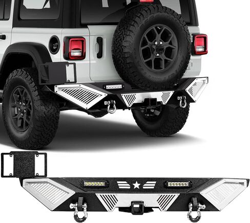 Rear Bumper - Compatible with 2018–2024 JP Wrangler JL/JLU, Off-Road Rock Crawler Full-Width Bumper with LED Lights, 2" Hitch Receiver, D-Rings & DIY White Paintable Armor in Kuwait