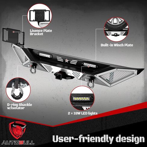 Rear Bumper - Compatible with 2018–2024 JP Wrangler JL/JLU, Off-Road Rock Crawler Full-Width Bumper with LED Lights, 2" Hitch Receiver, D-Rings & DIY White Paintable Armor in Kuwait