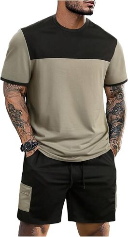 GORGLITTER Men's 2 Piece Color Block Tracksuit Short Sleeve Tee Top Flap Pocket Cargo Shorts Sets in Saudi Arabia