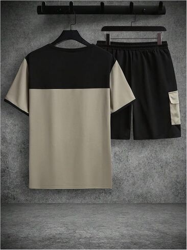 GORGLITTER Men's 2 Piece Color Block Tracksuit Short Sleeve Tee Top Flap Pocket Cargo Shorts Sets in Saudi Arabia