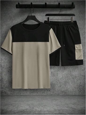 GORGLITTER Men's 2 Piece Color Block Tracksuit Short Sleeve Tee Top Flap Pocket Cargo Shorts Sets in Saudi Arabia