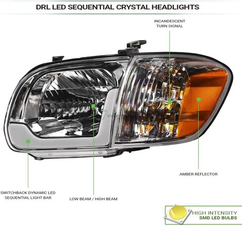 7422448951912 متوافق مع 2005-2006 Toyota Tundra Double (CREW) CAB / 2005-2007 Sequoia DRL LED BAR الأسود الإسكان المصابيح الأمامية مع مصابيح زاوية إشارة العاكس العنبر 4 قطع التصميم in Kuwait