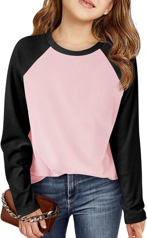 Haloumoning Kids Girls T Raglan Raglan Long Sleeve Tee Crewneck Color Block Cute Fall Blouses Tops 5-14 Years in Kuwait