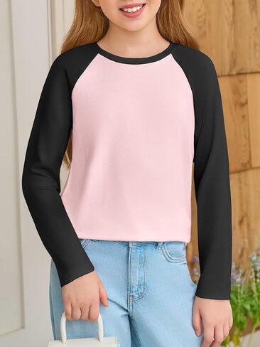 Haloumoning Kids Girls T Raglan Raglan Long Sleeve Tee Crewneck Color Block Cute Fall Blouses Tops 5-14 Years in Kuwait