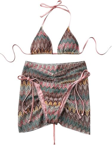 Women's 3 Pieces Swimwear Set Halter Boho Bikini with Drawstring Beach Skirt Bathing Suit in Saudi Arabia